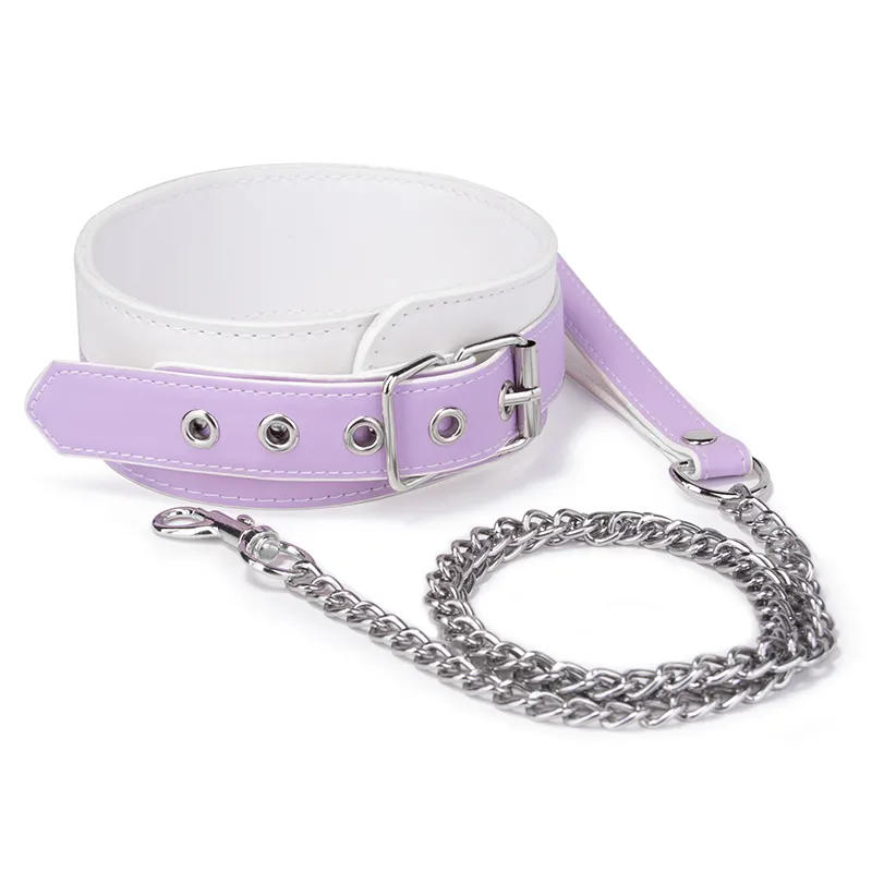 Cute Design Purple BDSM Slave Submissive Restraint Bondage Fetish Choke Collar With Metal Chain Leash