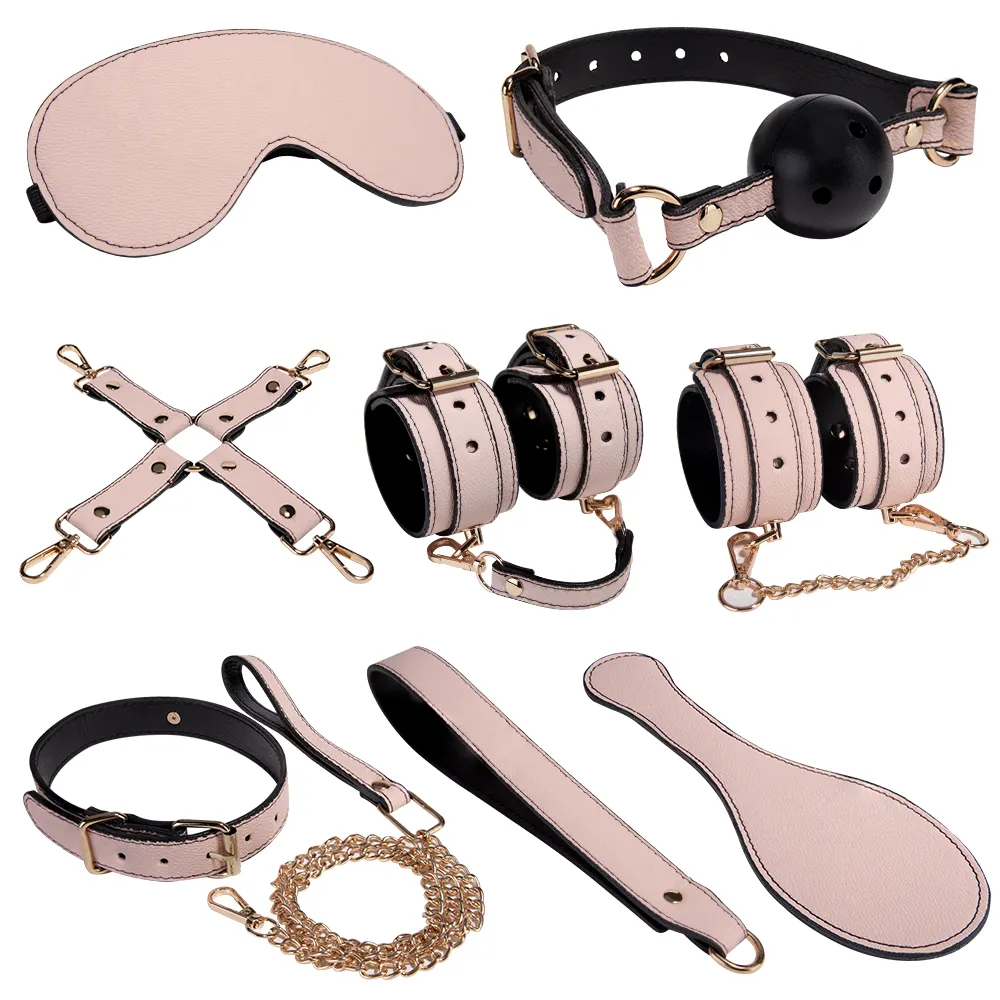 High Quality 100% Waterproof CE Certified Pink Leather BDSM Bondage Kit 7PCS/set Floggers Mask Handcuffs Mouch Gag Fetish Kegel