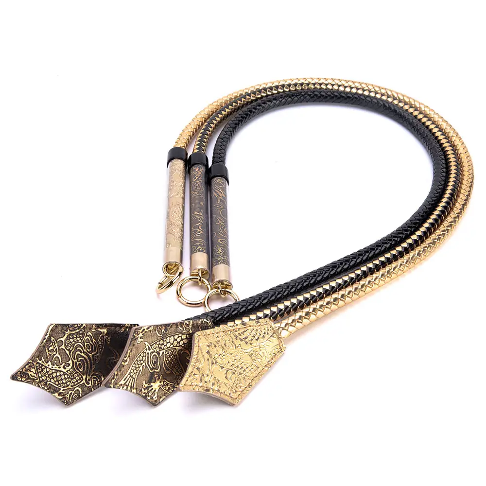 Wild Thing BDSM Fetish Flat Toe Braided Leather Long Whip Gold