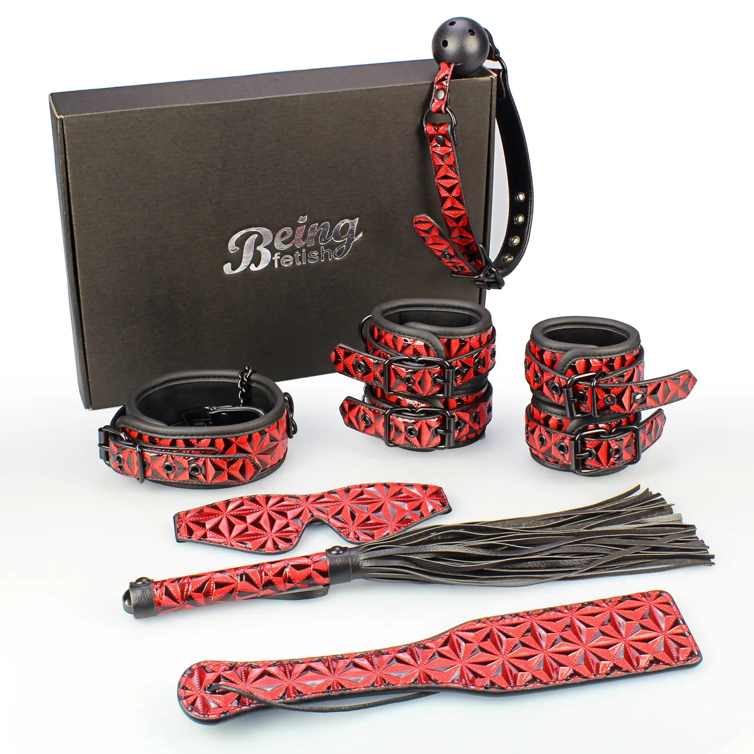 EroticToys for Adult BDSM Sex Bondage Set Diamond Pattern Bondage Set Handcuffs Nipple Clamps Gag Whip Rope Sex Toys for Couples
