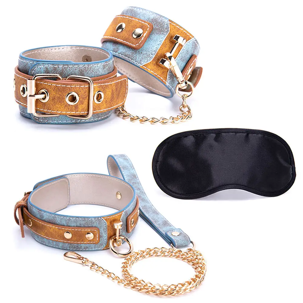 Popular Couple Games Sex Toy Blue Brown PU Leather Fetish Blindfold Handcuffs Blindfold Bdsm Bondage Kit