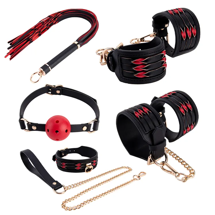 Adult SM Sex Toy Couple Cosplay PU Leather Black Red Blindfold Handcuffs Collar Gag Whip Bondage Kit BDSM Set