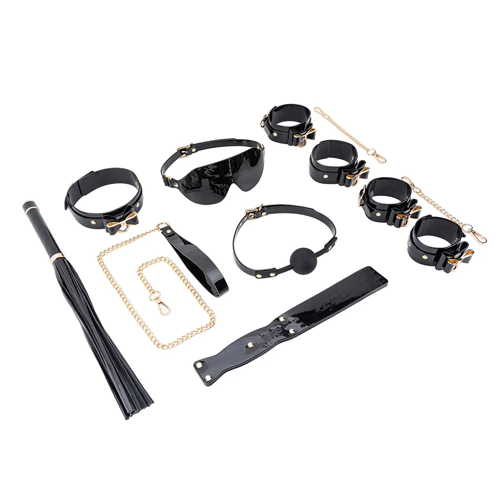 BDSM SexToy Blindfold Handcuffs Collar Gag Paddle Whip Black PU Leather  Bondage Kit BDSM Set
