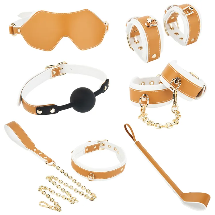 High Quality Yellow PU Leather Sm Collar Handcuffs Flogger Restraint Sexy Toys  BDSM SetSoft Bondage Kits for Couple Games