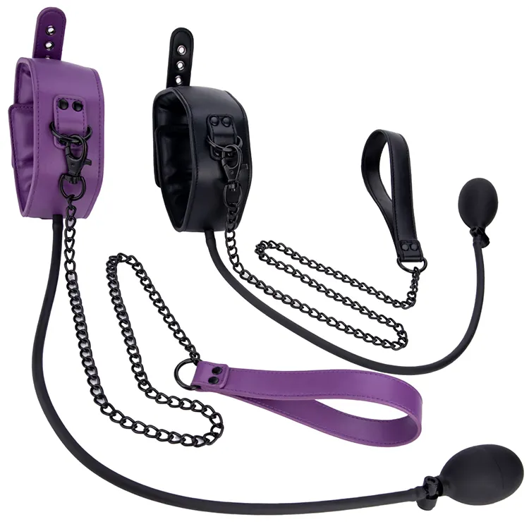 BDSM Inflatable Collar and Chain Slave Bondage Belt With Chains Protective BDSM Restraint Neck Collar With Metal Chain Leash