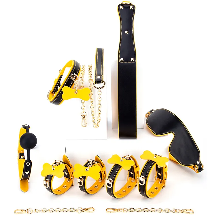 6PCS BYFETISH Brand Yellow+Black 100% Waterproof PU Material BDSM Bondage Kit Restraints Handcuffs Collar Blindfold CE Certified