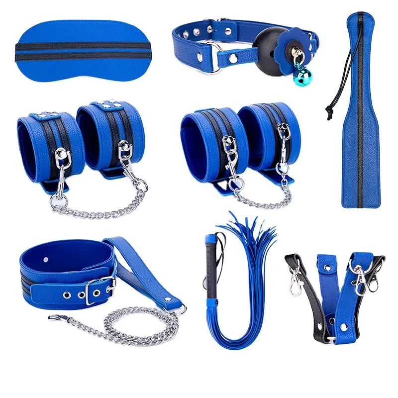 Restraint Blue Style Pattern Fetish Bdsm Passion PU Leather 8 Pieces  Bondage Set for Woman