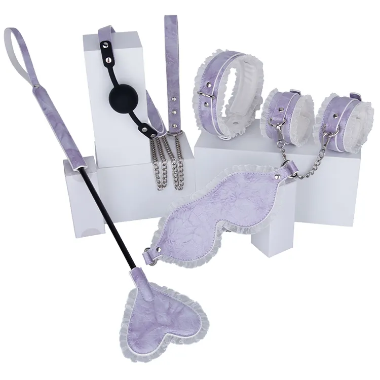 Sex Toys for Couple Whip Gag Handcuffs 5PCS Leather BDSM Kits Plush Sex Bondage Set Mouth Gag Paddle Sex Toys for Couples