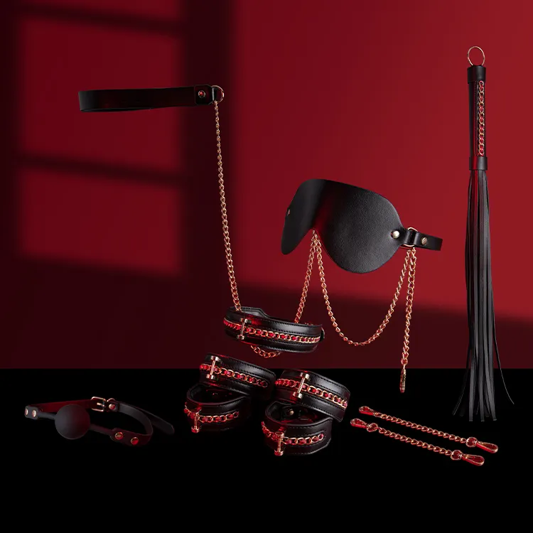 Black PU Leather Bdsm Bondage Kit Set Leather Bondage Restrains 6 Pieces SM Set for Couples