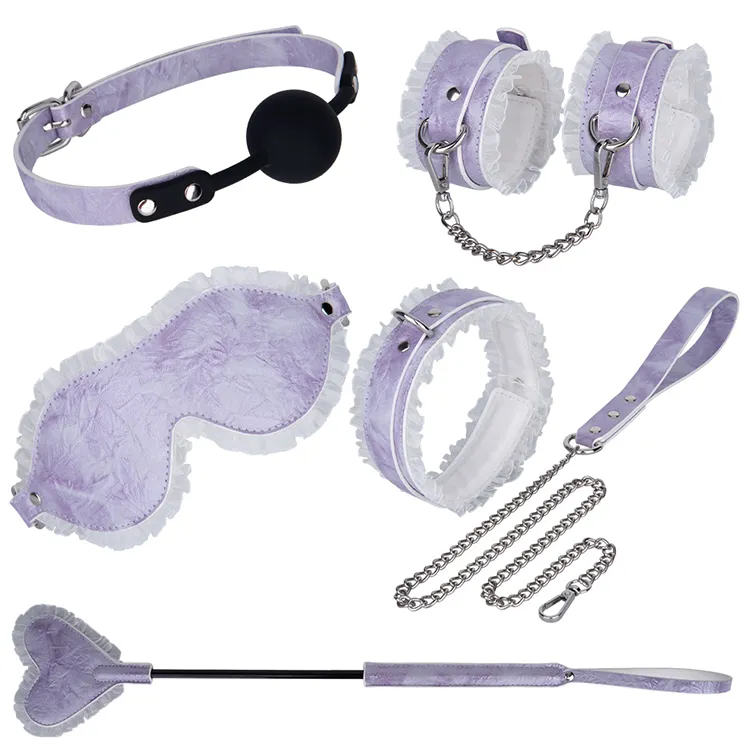 Sex Toys for Couple Whip Gag Handcuffs 5PCS Leather BDSM Kits Plush Sex Bondage Set Mouth Gag Paddle Sex Toys for Couples