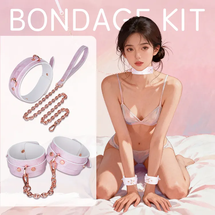 New 2 Pcs Bondage Kit Sex Toys for Woman Pu Leather SM Sex Bondage Set Hand Cuffs Collar and Chain Erotic Sex Toy for Couples