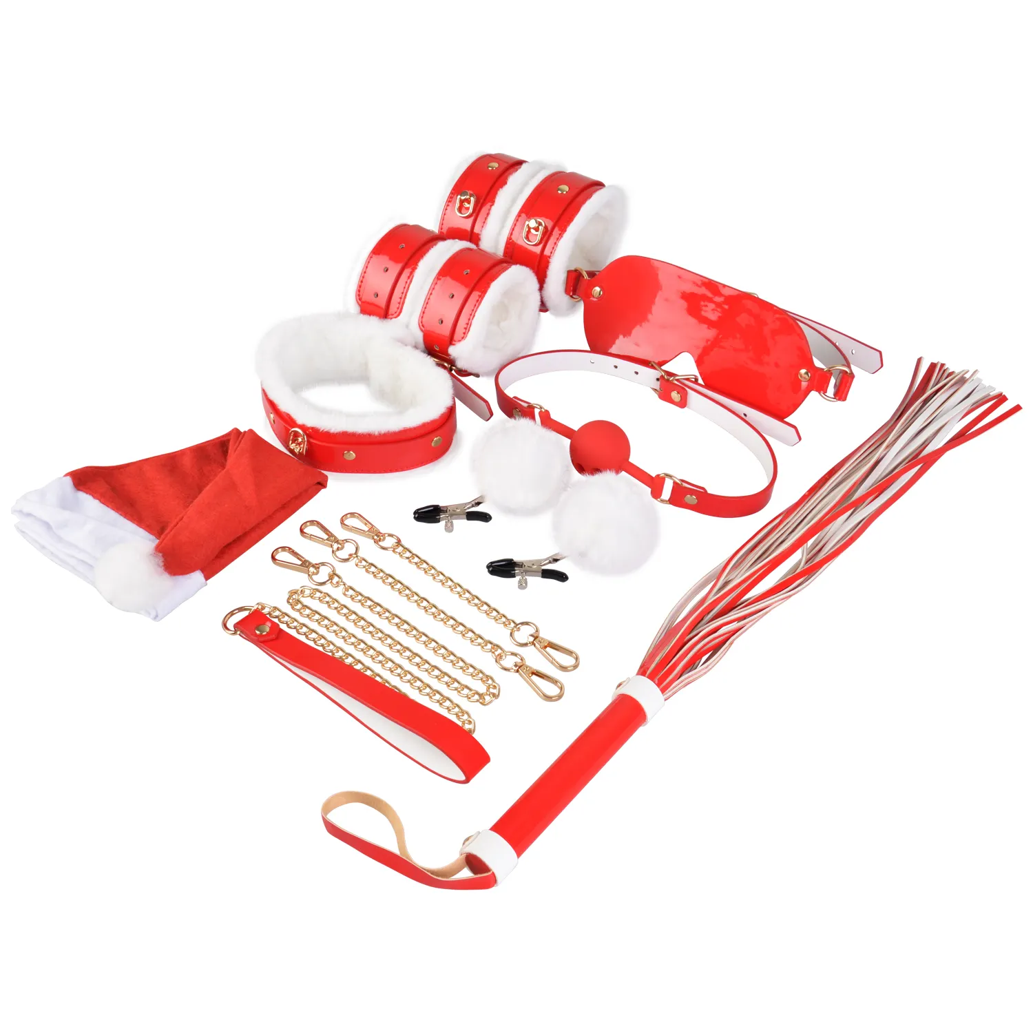 Christmas SM BDSM Bondage Kit Leather Set with Handcuffs Ankle Cuffs Whip Paddle Collar Gear for Adult Couple Cosplay