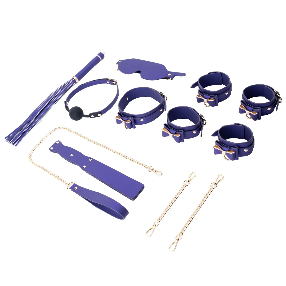 Classic Glossy Surface Bow Blue Bondage Fetish Bdsm Passion PU Leather  7 Pieces  Bondage Kit