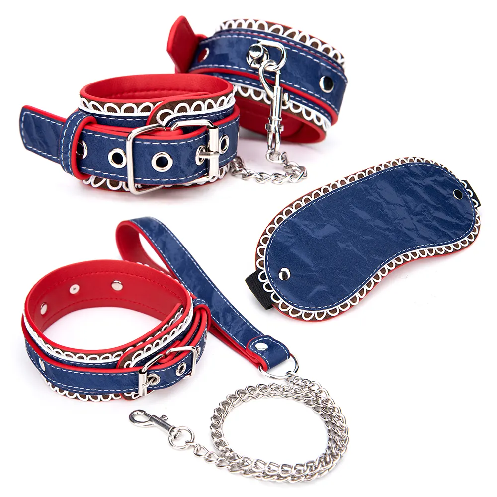 BYFETISH 3PCS Adult Blue Leather Bondage Kit Restraint Set with SM Collar Handcuffs Ankle Cuffs Bondage Suit