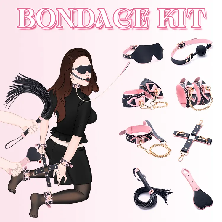 8PCS Adult BDSM Restraints Kit with Leather Harness Handcuffs Neck Collar and Mask New Style Bondage Set