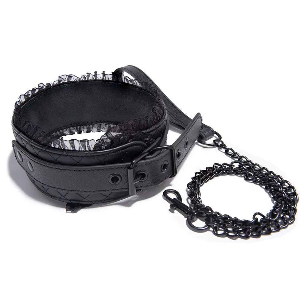 BDSM PU Collar with Polished Metal Chain Exquisite SM Bondage Collar for Women