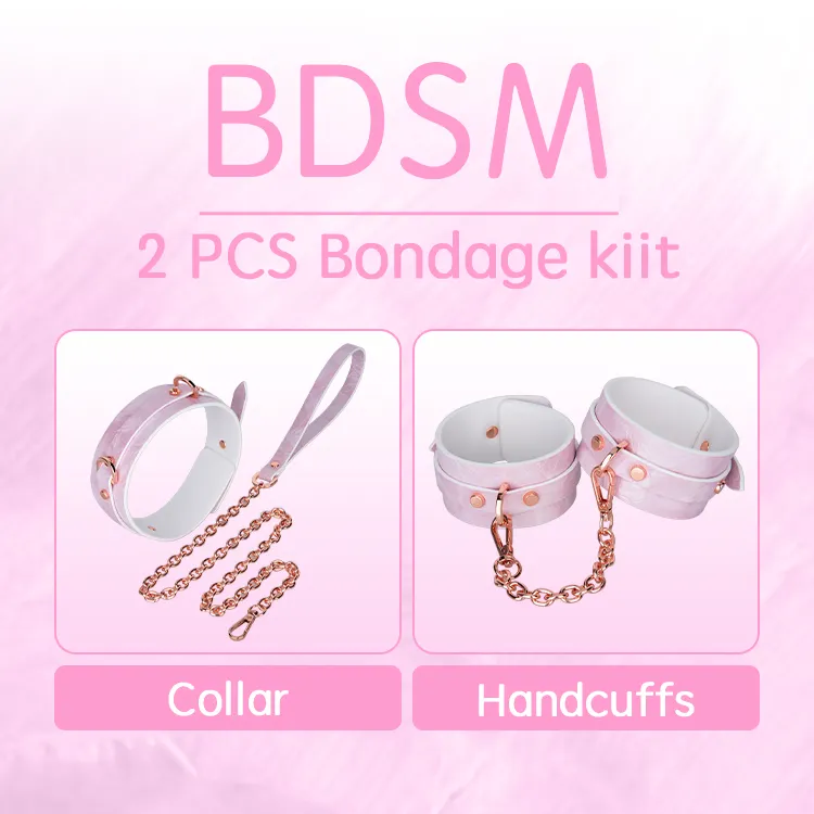 2 Piece Leather BDSM Bondage Set Handcuffs Collar with Detachable Chain Erotic Adult Sex Toys