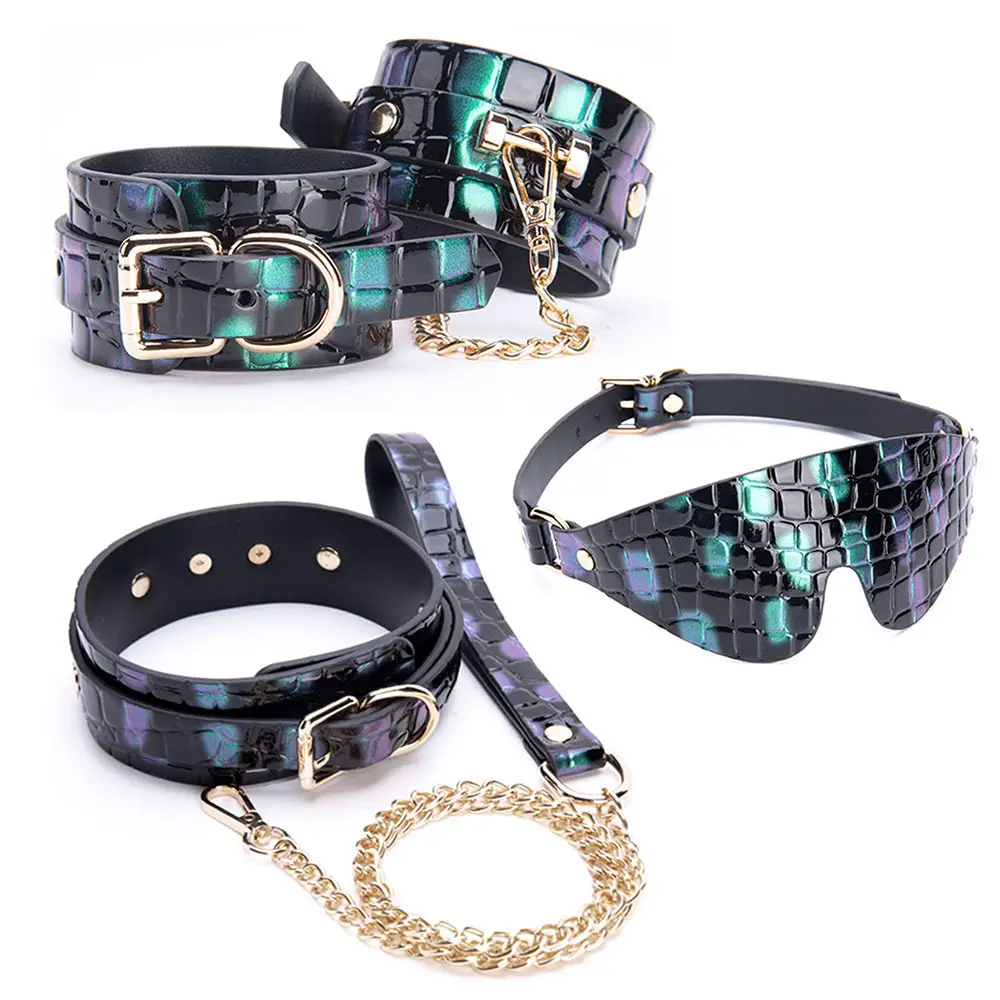 3PCS Green Black Soft Restraint Kit Choker Handcuffs and Ankle Cuffs Set for Intimate Roleplay