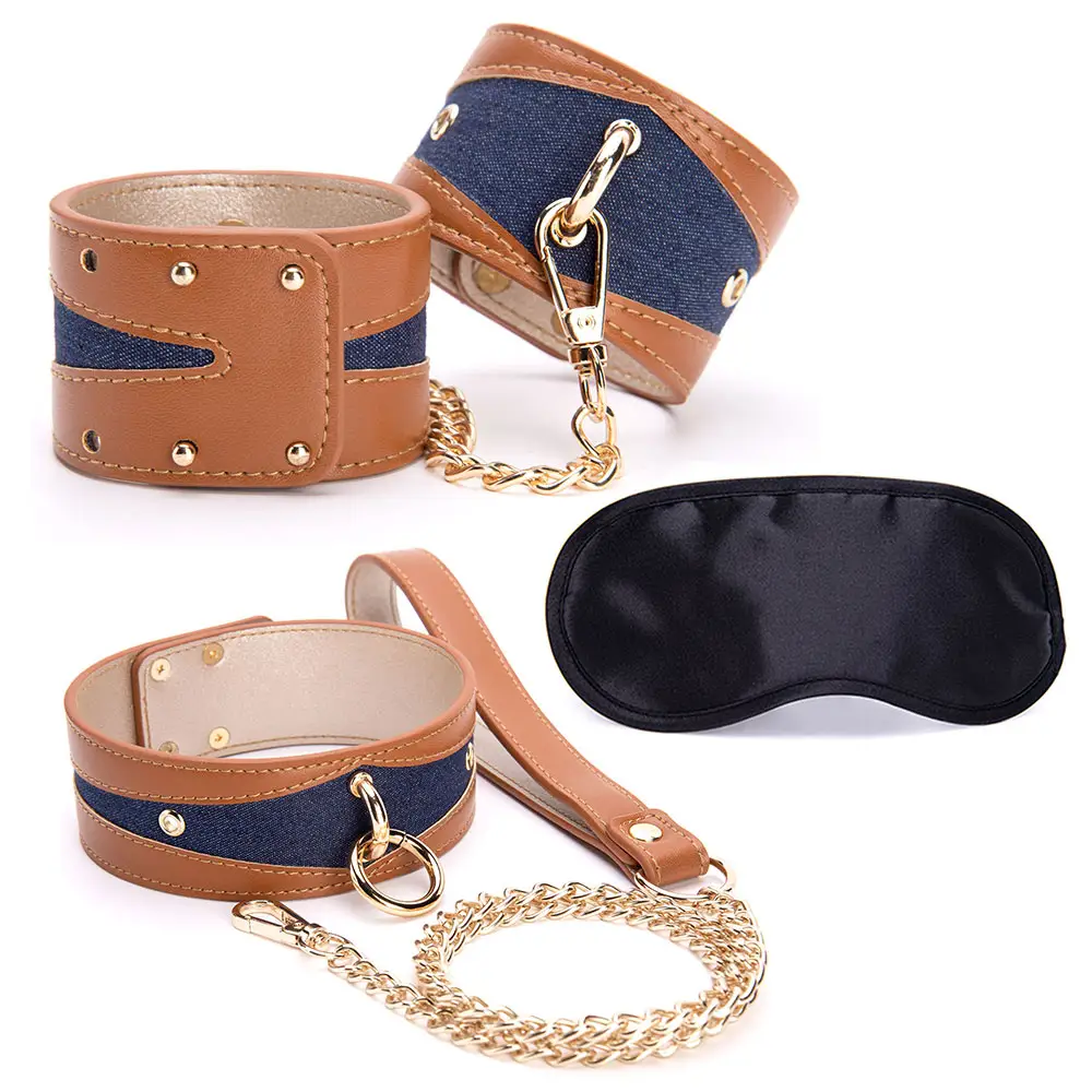 3 Piece Blue Soft Restraint Gear Adult Collar Handcuffs and Restraints for Intimate Fetish Fun
