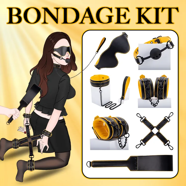 Couples Yellow PU Leather Bondage Gear Set Soft Cuffs Blindfold Breathable Gag Neck Collar and Whip for Intimate Fantasy