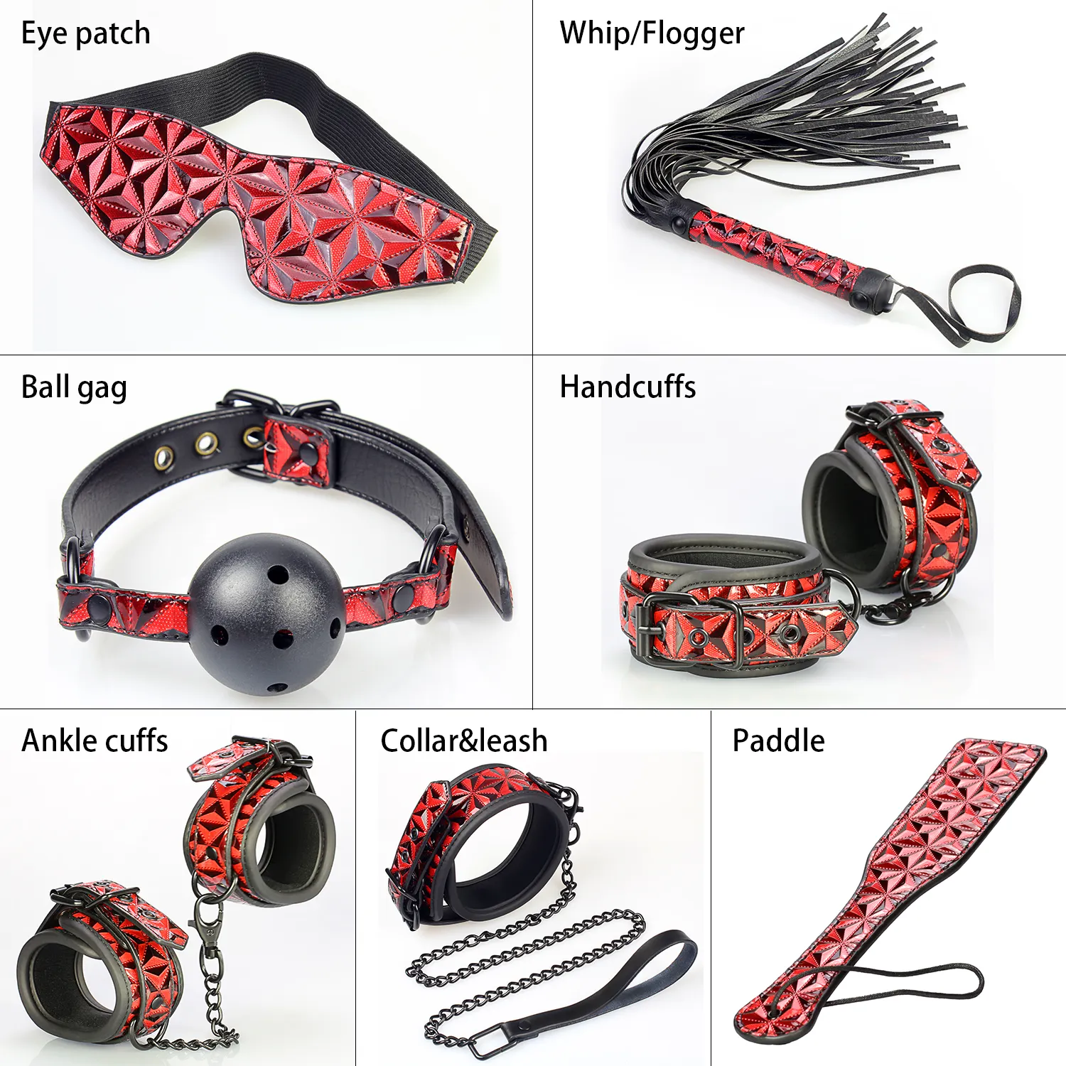 Adult Diamond Pattern Restraint Set Handcuffs Nipple Clamps Mouth Cover Whip and Ropes for Couples Private Play