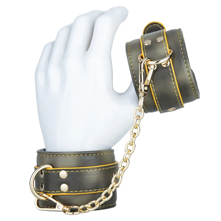 PU Leather Gold Bondage Handcuffs Adult BDSM Restraint Toys for Intimate Couples