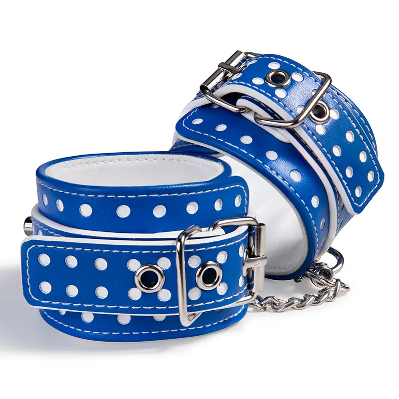 Adult Erotic BDSM Bondage Toys Blue PU Leather Handcuffs for Restraint Play and Intimacy