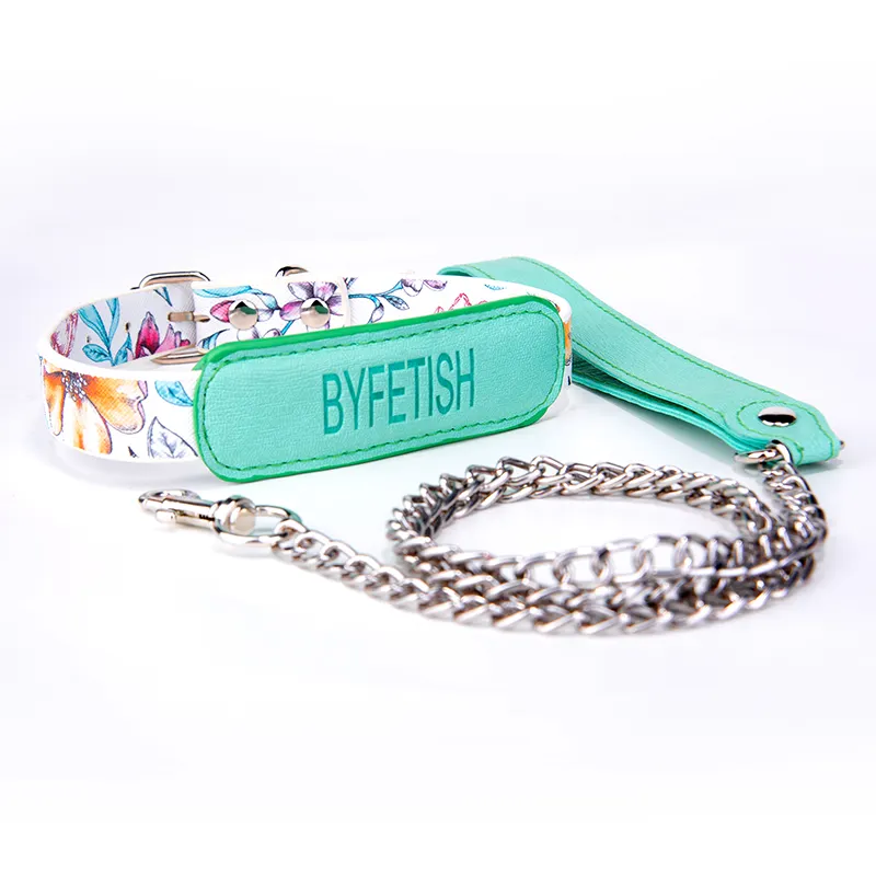 Comfortable Green Soft PVC Leather Adjustable Collar Set for SM Bondage Restraints