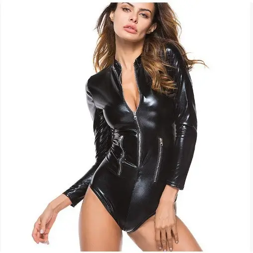 Sexy Women Fetish Leather Latex Lingerie Black Teddy Cross Bundle Underwear Bodysuit Body Chain Restraint Maid Bondage Catsuit
