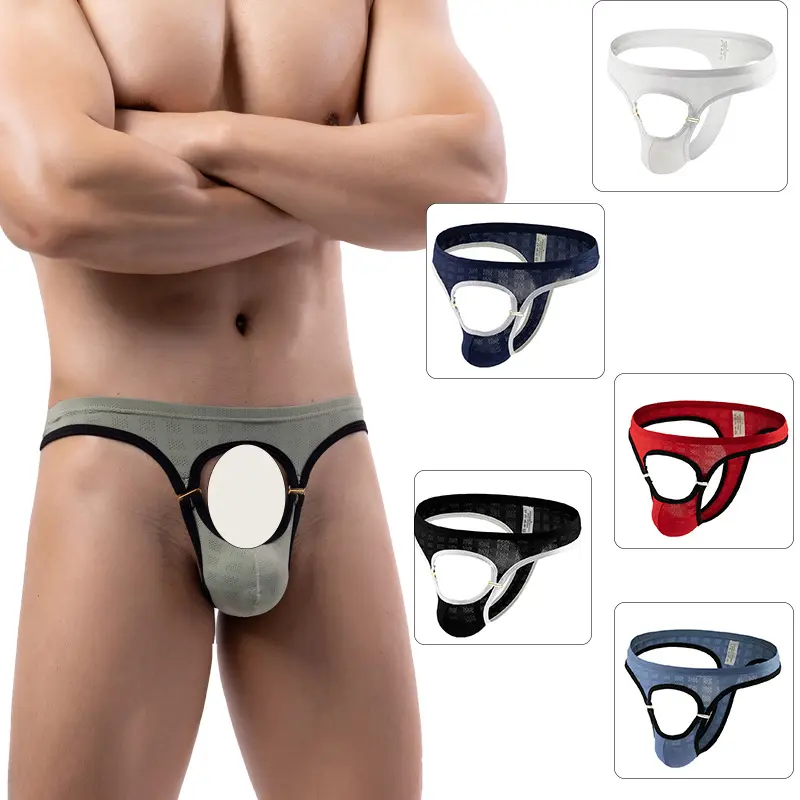 European and American Men's Sexy T-back Metal Clasp Sexy Briefs Gay T-shaped Panties Open Design Underwear