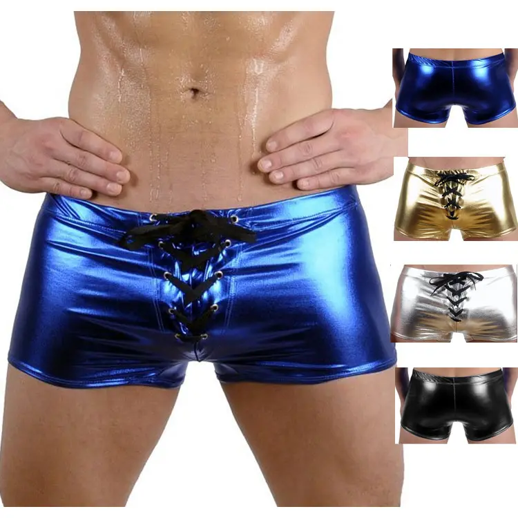 Boxer Briefs Mens Solid Trunks Swimwear Men's Underwear Metallic Shiny Swim Shorts Undershorts for Male Pool Lace up Stretch