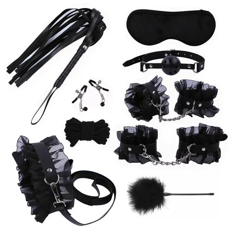 Hot Sale 9pcs BDSM Bondage Set Restraint Adult Game Toys Sex Lace Handcuff Eye Mask Whip Collar Kit Sex Toy for Women and Couple