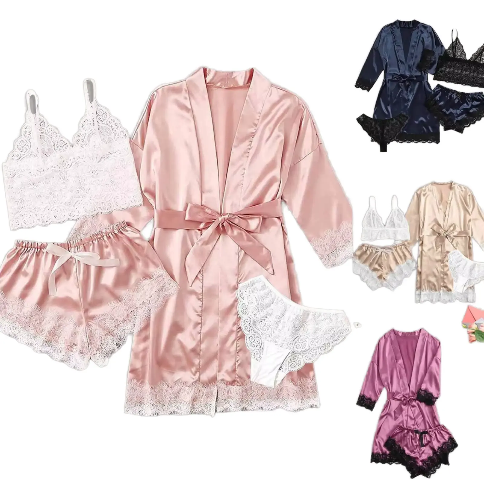 Hot Sale Women's V-Neck Robe Set Fashionable Comfortable Soft Smooth Silk-like Material for Autumn Home Leisure Sleepwear 4 PCS