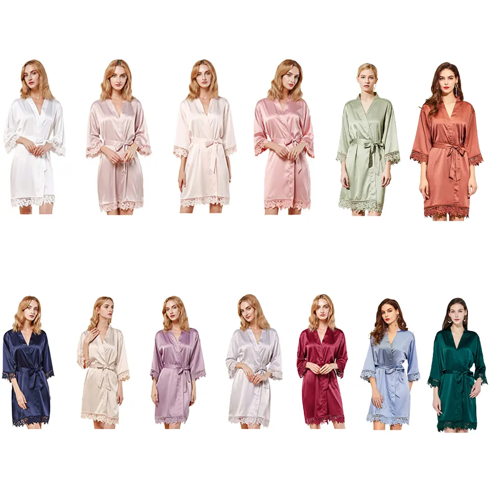 High Quality Women's Robe Solid Color Matte Satin with Lace Bridal Wedding Sleepwear Breathable XS Size for Summer Autumn Spring