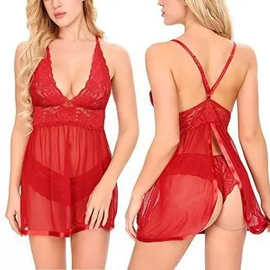 Women's Sexy Pajamas Sets Transparent Mesh Nightdress V-neck Lace Slip Dress Sexy Seductive Home Wear Summer Sexy Underwear
