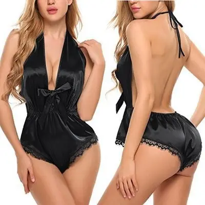 Women Lingerie V Neck Nightwear Satin Silk Sleepwear Lace Revealing Jumpsuit Backless