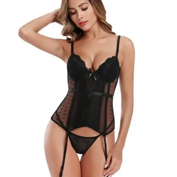 Women Sleepwear Suit Nightwear Sexy Transparent Lace up Boned Lingerie Corset With Strap