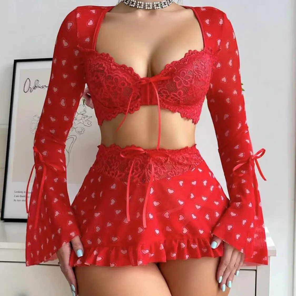 Women's Sexy Lingerie Passion Sheer Mesh Lace Crop Top Heart Printed Short Skirt Sleepwear Elegant Bowknot Nightdress