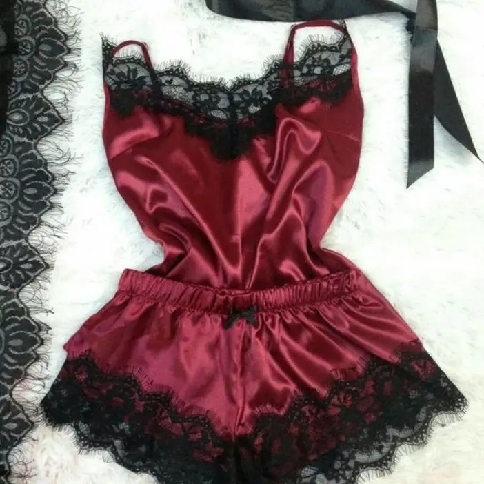 Women Sexy Satin Neck Underwear Sets Sleep Dress Lenceria Para Mujer Lingerie Dessou Pajamas Cloth Breathable Mature Lace Sets