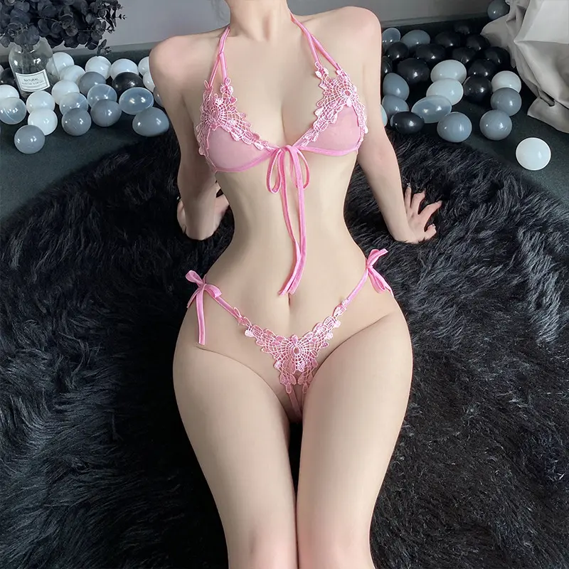 Summer Fashion Exotic Women's Clothing Lace Pattern Solid Color Simple Strap Hanging Neck Open Crotch Sexy Lace Panties