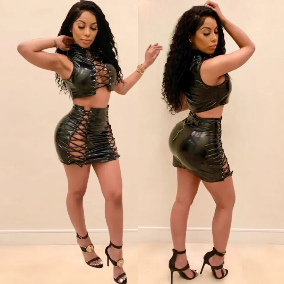 High Quality Club Wear Black Sexy Lace-up PU Leather Latex Bodysuit Lingerie Women
