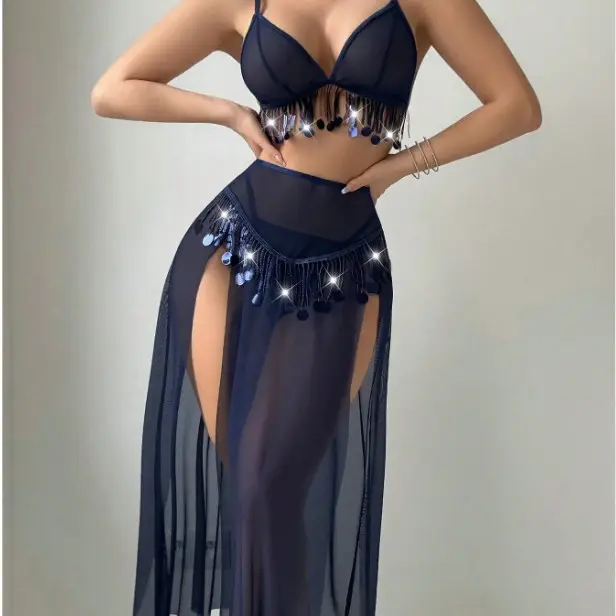 Lace Temptation See-through Mesh Outfits Perspective Nightgown Tassel Perspective Sexy Lingerie Sensual Deep-V Fishnet Nightgown