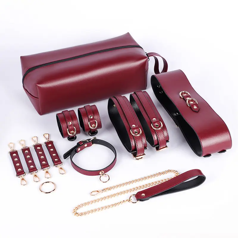 High-end Leather SM 7 Pieces Suit with PU Storage Bag BDSM Bed Game Play Kit Sex Fun Bondage Toys for Couple