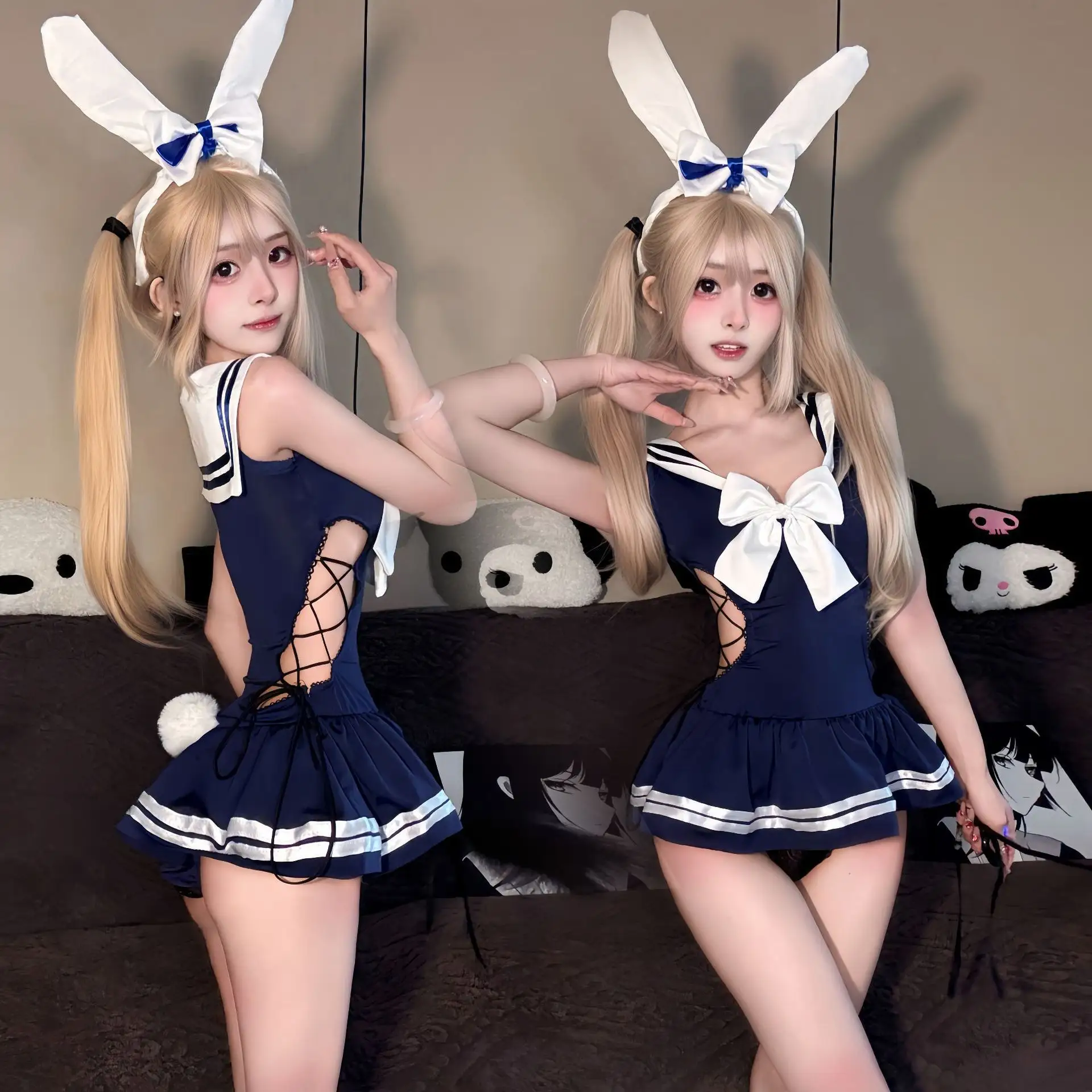 2025 New Style Women's Sexy Cute Bunny Costume Hot Erotic Temptation Transparent Jumpsuit Dress Woven Cosplay Lingerie Set Half