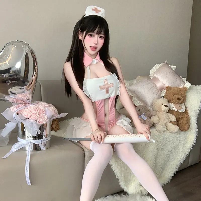 Pure Tempting Nurse Uniform Lingerie High Collar Sweet Design Sheer Mesh Fabric Buttock-Baring Easy-On Bodysuits Light Control
