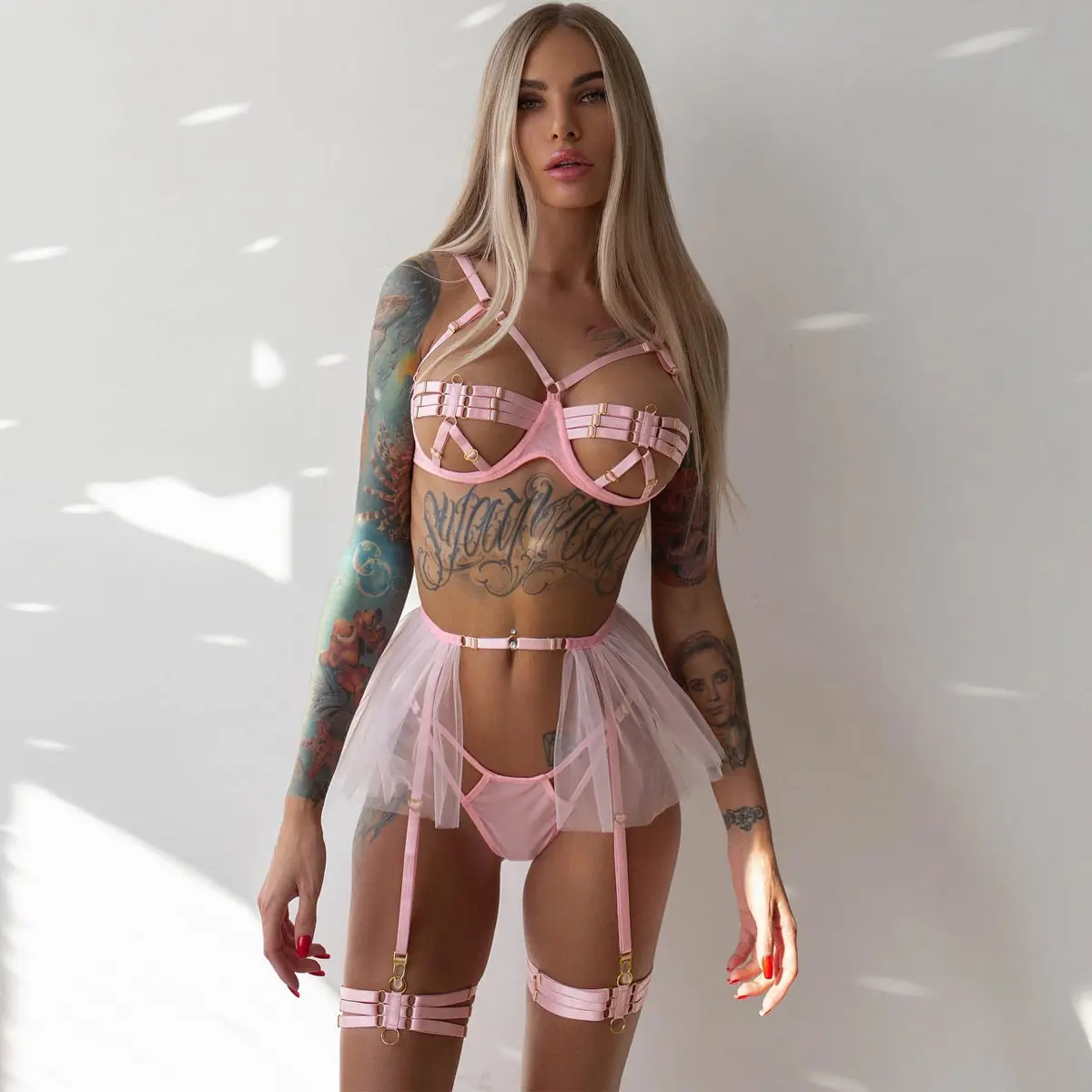King Mcgreen Star Open Lingerie Sets for Women Ruffle G-string Garter Transparent Bra Intimate Lace Underwear Set Sexy Outfit
