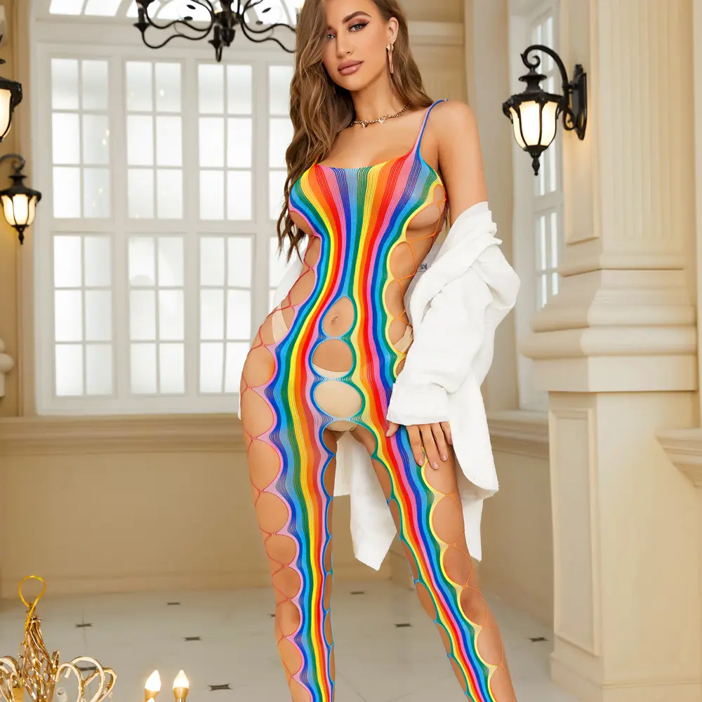 Hot-Selling Plus Size Open-Style Bodycon Dress Rainbow Sexy Lingerie Lace Halter Neck Backless Design Light Erotic for Women