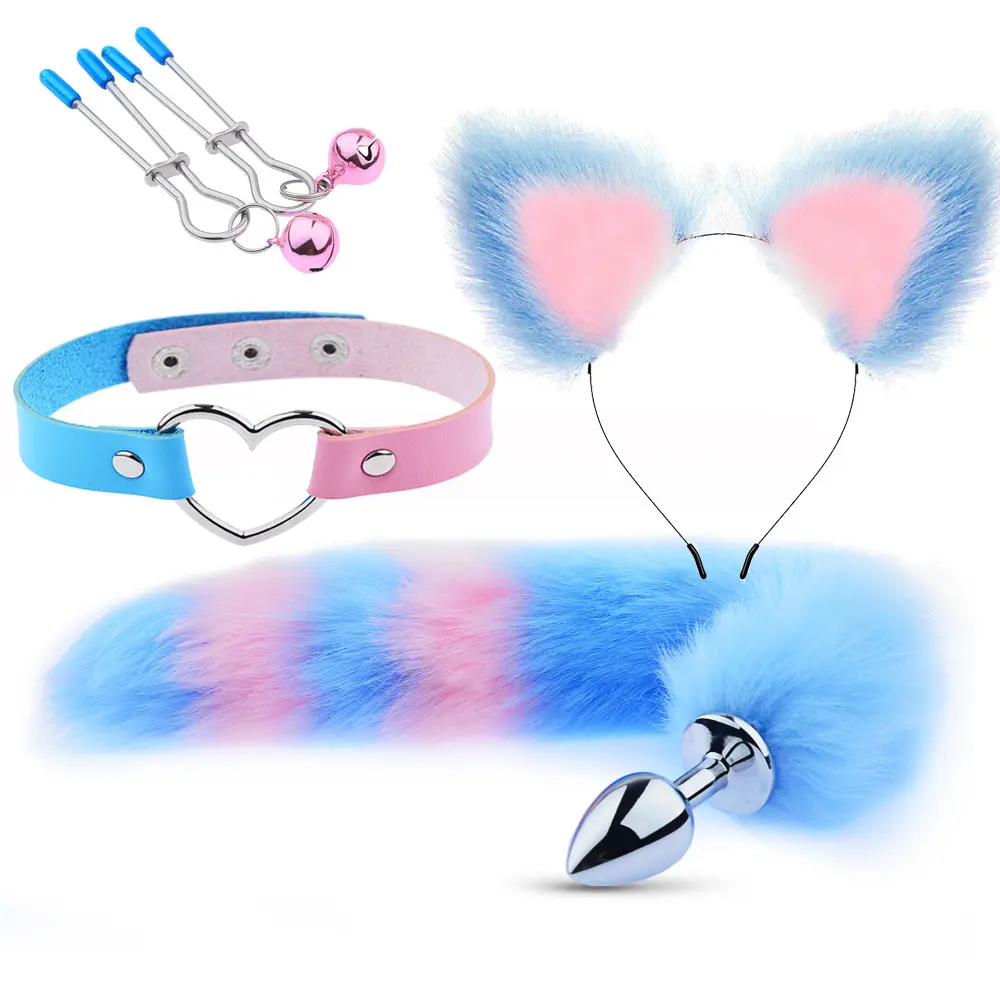 Fox Tail and cat Ear Sexy Breast Clip Anal Plug Four Piece Set for Adult Sex Toys