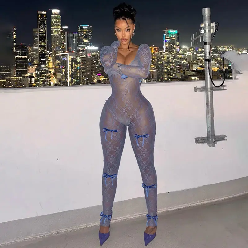 Lace Bow Jumpsuits Women Solid Sexy Coquette See Through Slim Overalls Female Midnight Attirewear