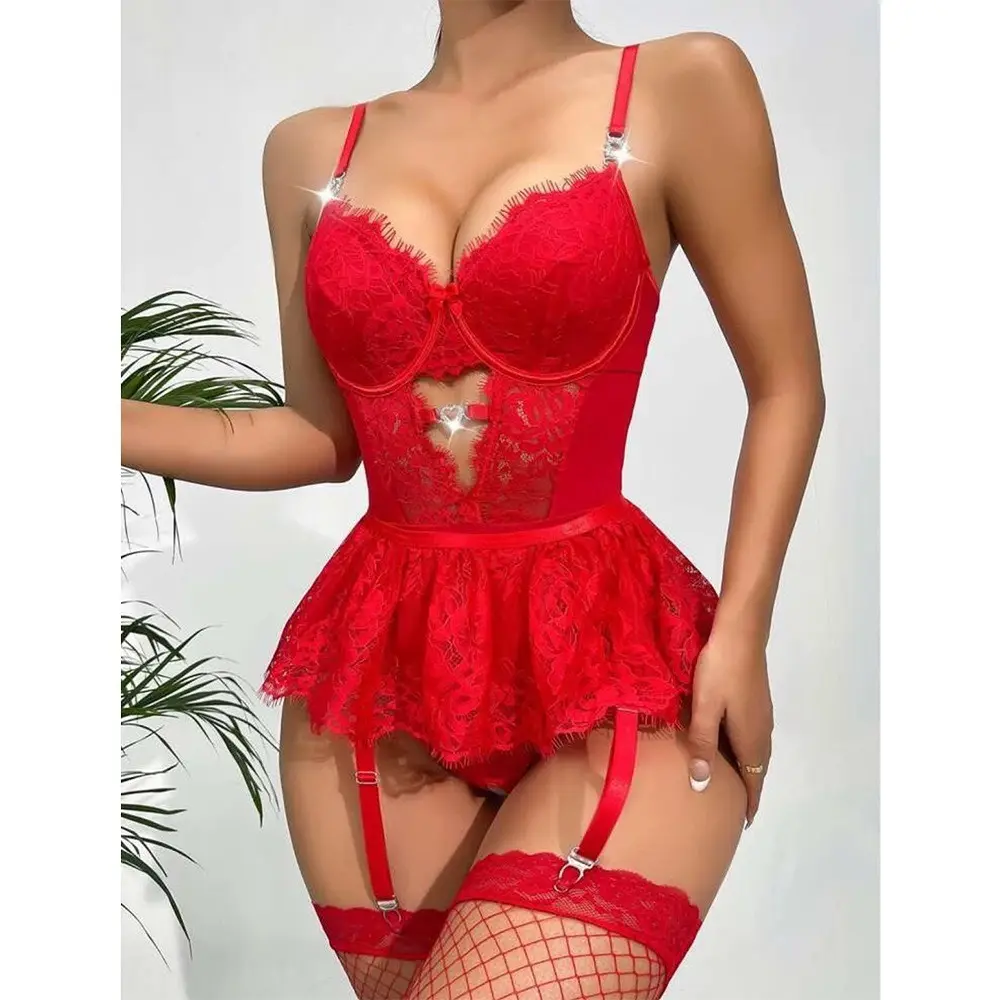Lace Bodysuit With Garter Panty Set Erotic Sleepwear Underwear Women's One-piece Lace Sexy Lingerie Set 2pcs Lingerie